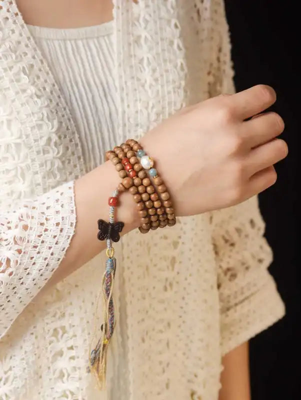 Old Mountain Sandalwood Mala Necklace | Agate, Jade & Pearl with Zitan Butterfly Pendant