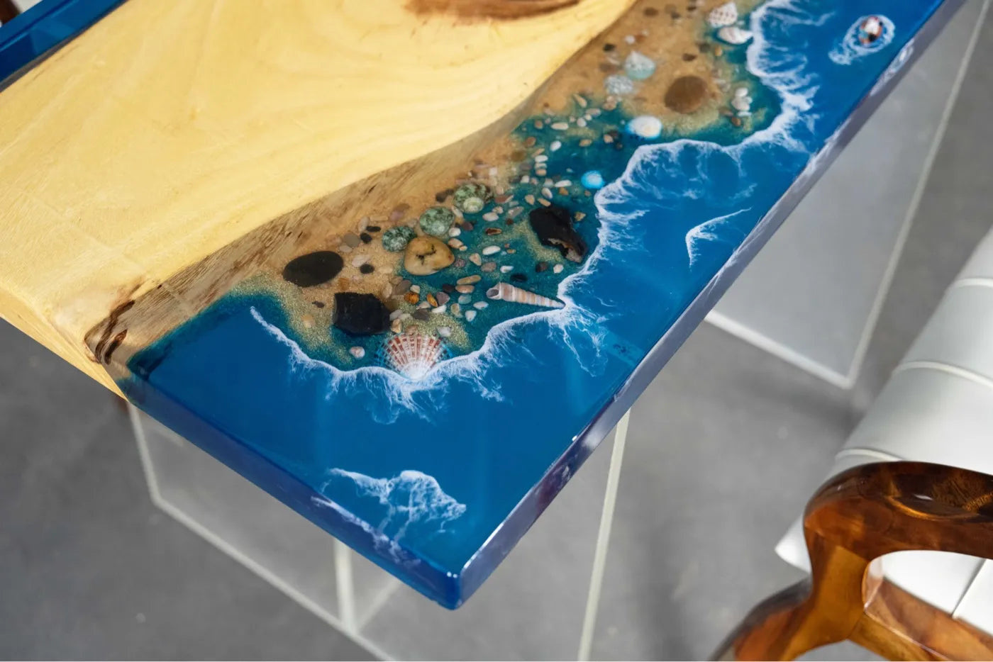 Luxury Walnut Wood & Ocean Beach Resin Coffee Table - 120cm Handcrafted Live Edge Epoxy Desk for Compact Living Room & Studio