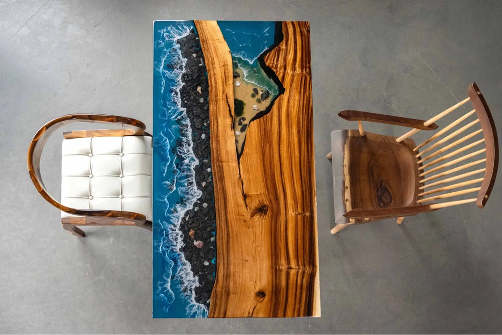 "Ocean Wave" River Tabletop: Solid Wood Slab Tea Table (Live-Edge Epoxy Resin Design) — Suitable for Dining or Coffee Tables