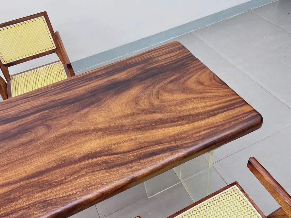 Luxury Pebble Live Edge Suar Wood Dining Table | Handcrafted South American Walnut Slab with Floating Acrylic Legs | Modern Executive Desk (170x75x6cm)