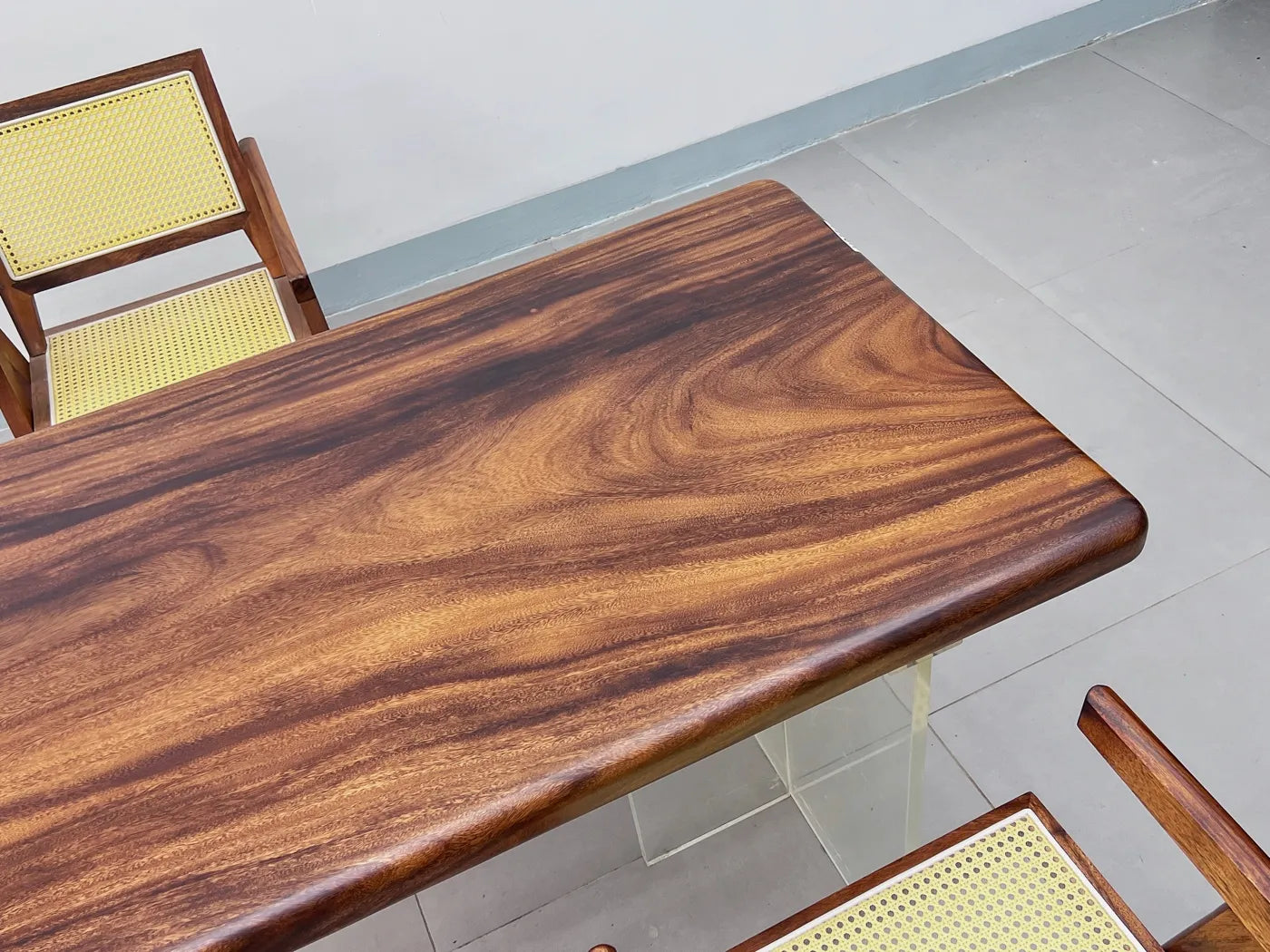 Luxury Pebble Live Edge Suar Wood Dining Table | Handcrafted South American Walnut Slab with Floating Acrylic Legs | Modern Executive Desk (170x75x6cm)