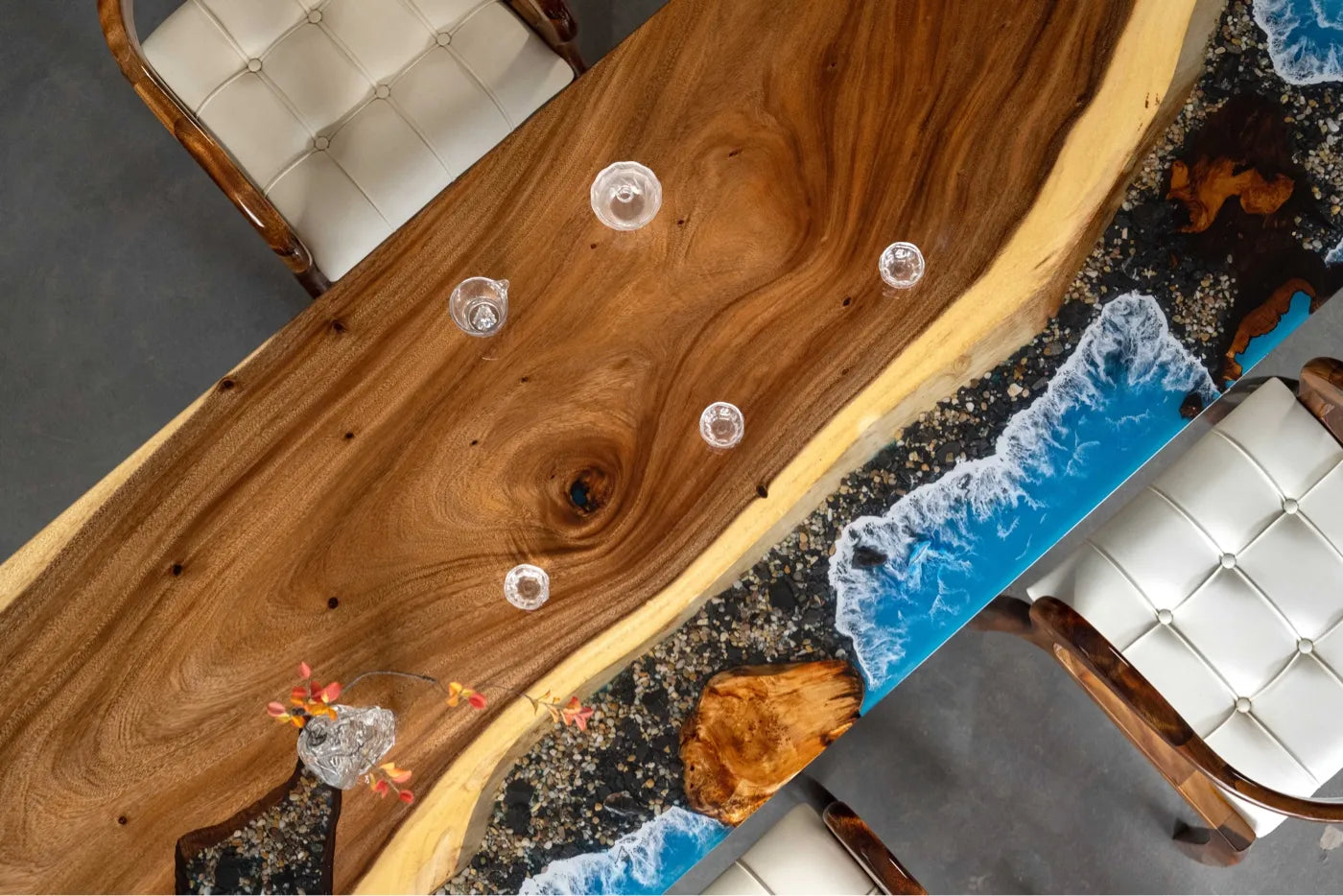 Premium South American Walnut Resin Ocean River Tabletop - Live Edge Wood Luxury Dining & Conference Table Slab (220x90x5cm)