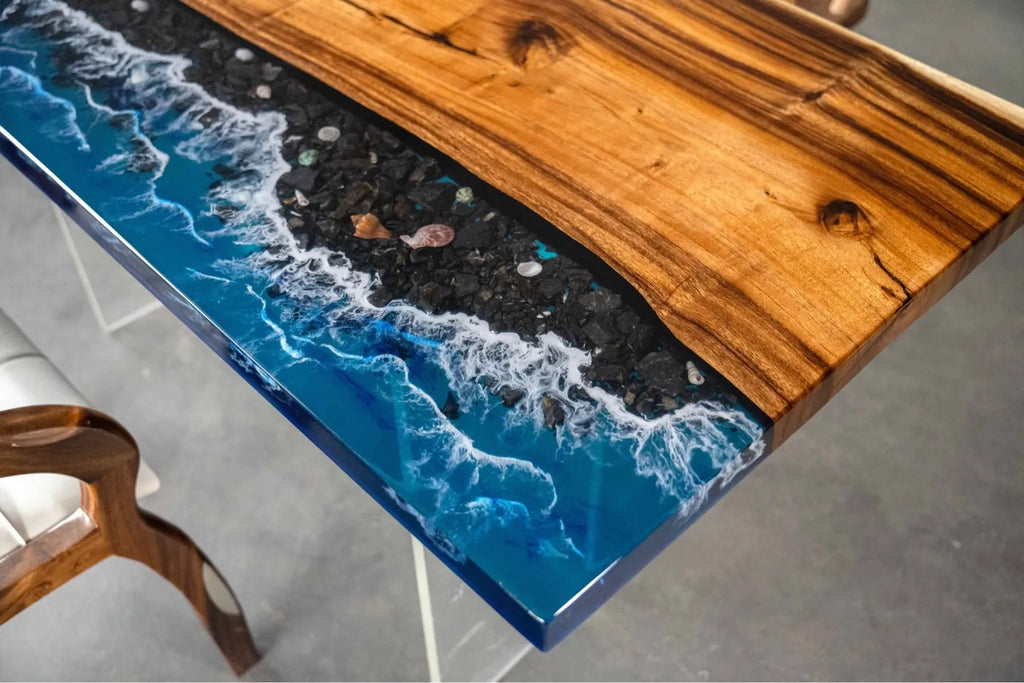 "Ocean Wave" River Tabletop: Solid Wood Slab Tea Table (Live-Edge Epoxy Resin Design) — Suitable for Dining or Coffee Tables
