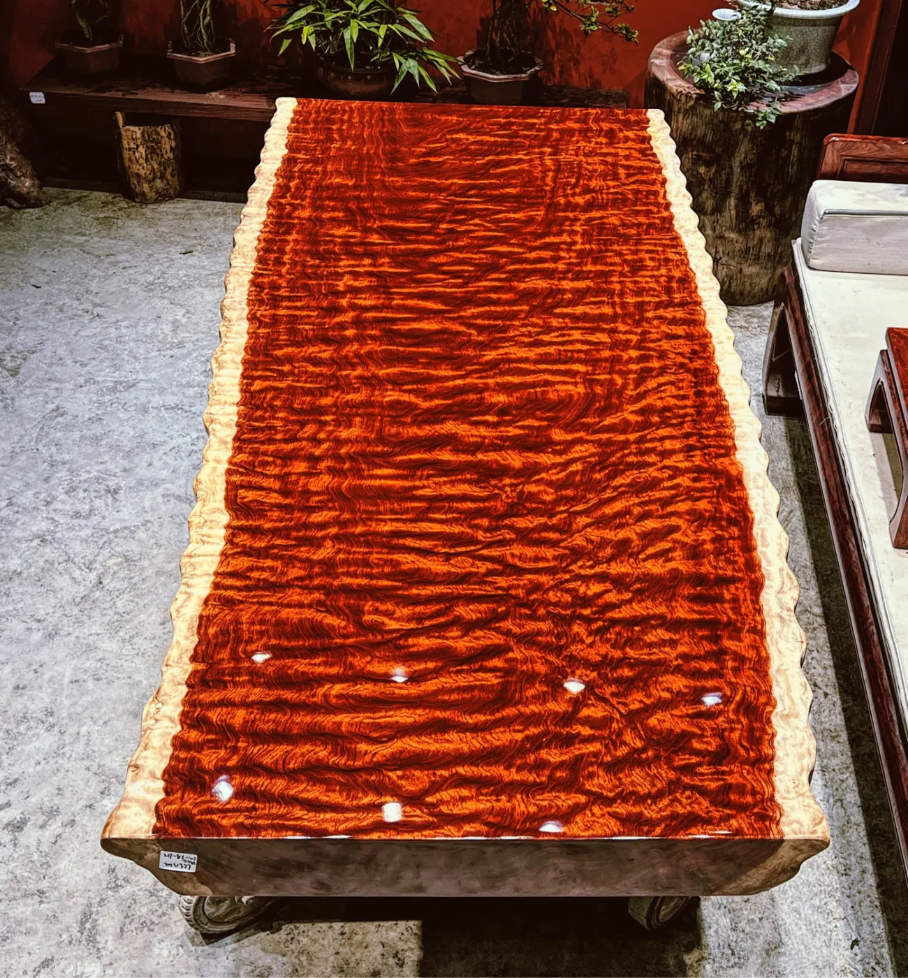 Luxury Figured Bubinga Live Edge Slab Tabletop - Rare Wave Grain Solid Wood (Top Only)