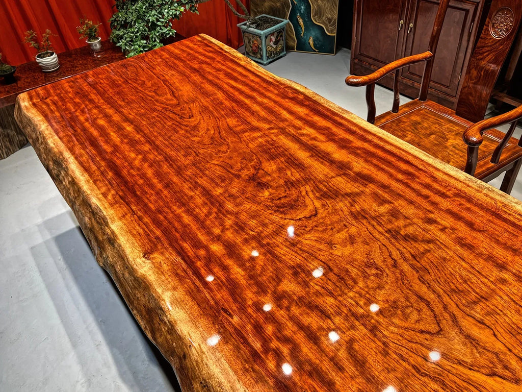 Exquisite Flame Grain Bubinga Live Edge Wood Slab Tabletop - Premium African Rosewood (Top Only)