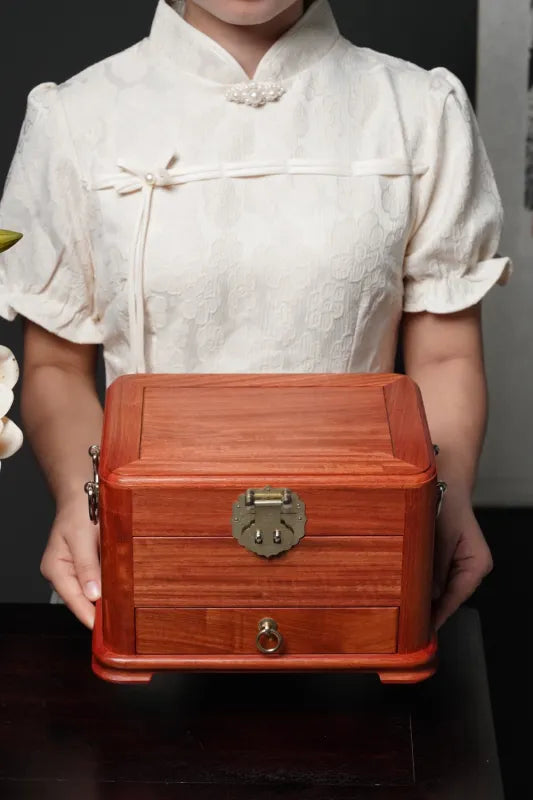 Myanmar Padauk Wood Jewelry Box – Handcrafted Dovetail Organizer with Rounded Corners