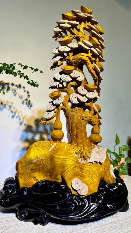 Hand-Carved Golden Silk Nanmu Fortune Tree — Large Luxury Prosperity Sculpture 54×28×82cm