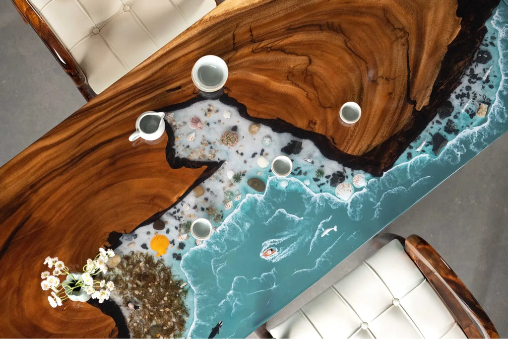 180cm Walnut Epoxy River Table | Blue Ocean Wave Resin Office Desk & 4-6 Seater Dining Table