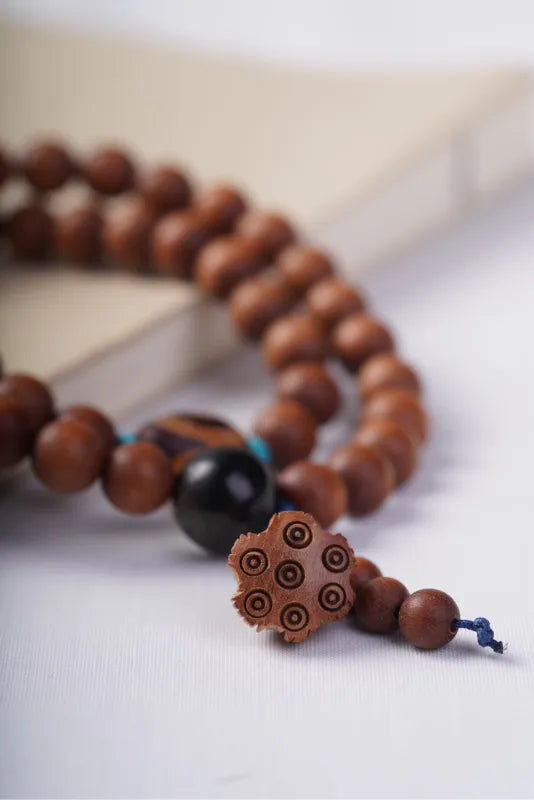 Sandalwood Mala Bracelet 36 Beads | Dzi Bead & Lotus Pod Charm | Wisdom, Protection & Blessing