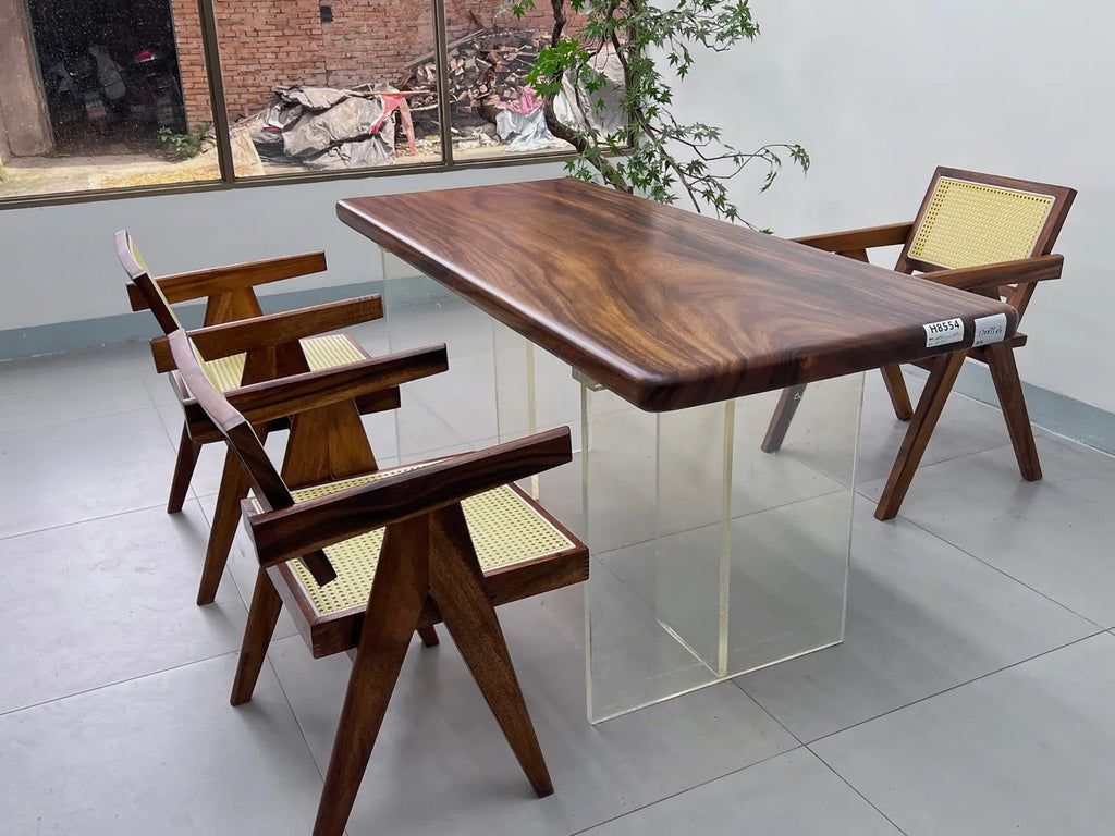Luxury Pebble Live Edge Suar Wood Dining Table | Handcrafted South American Walnut Slab with Floating Acrylic Legs | Modern Executive Desk (170x75x6cm)