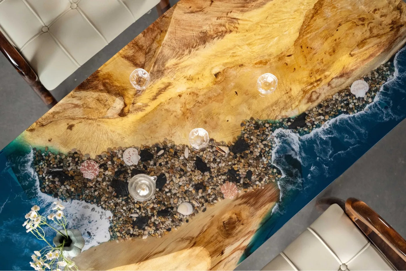 150cm Walnut Epoxy River Table | 3D Ocean Wave & Reef Resin Desk | 4-Seater Small Dining Table & Luxury Tea Table
