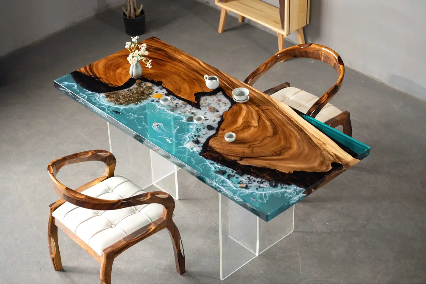 180cm Walnut Epoxy River Table | Blue Ocean Wave Resin Office Desk & 4-6 Seater Dining Table
