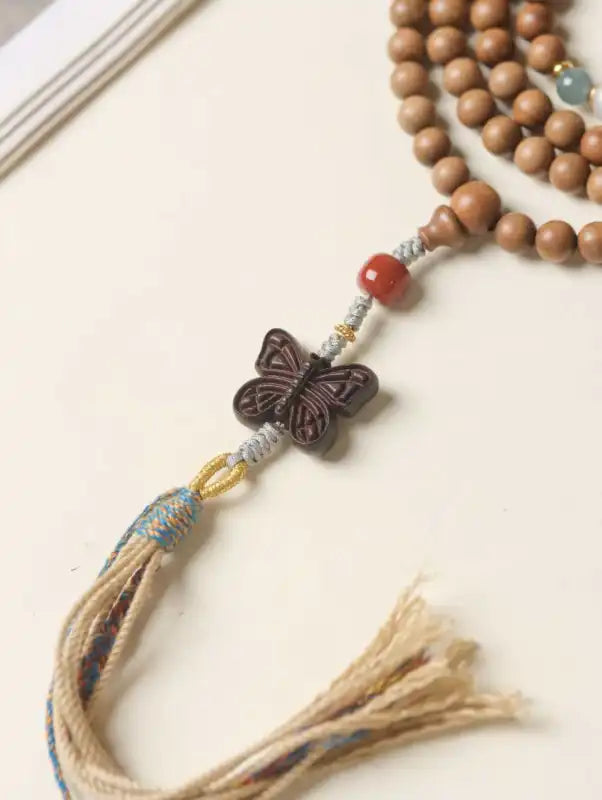 Old Mountain Sandalwood Mala Necklace | Agate, Jade & Pearl with Zitan Butterfly Pendant
