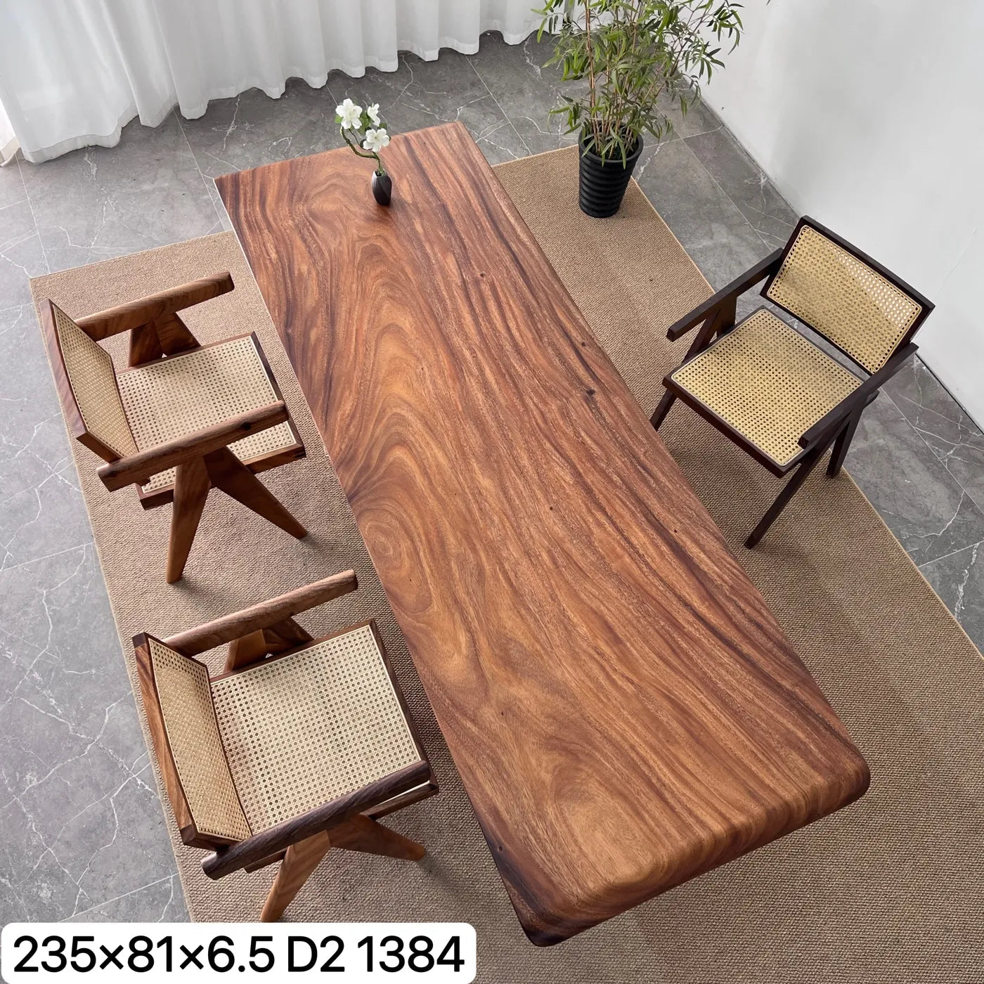 South American walnut live edge solid wood slab dining table 235x81cm, top-down view with rattan chairs