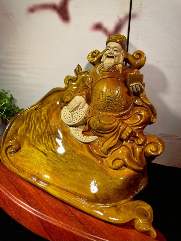 Caishen – The God of Wealth | Hand-Carved Solid Wood Sculpture