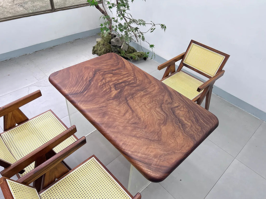 Pebble Live Edge Suar Wood Slab Table | Handcrafted South American Walnut Dining Table & Luxury Desk | Free Stainless Steel Legs Included (123x72x6cm)