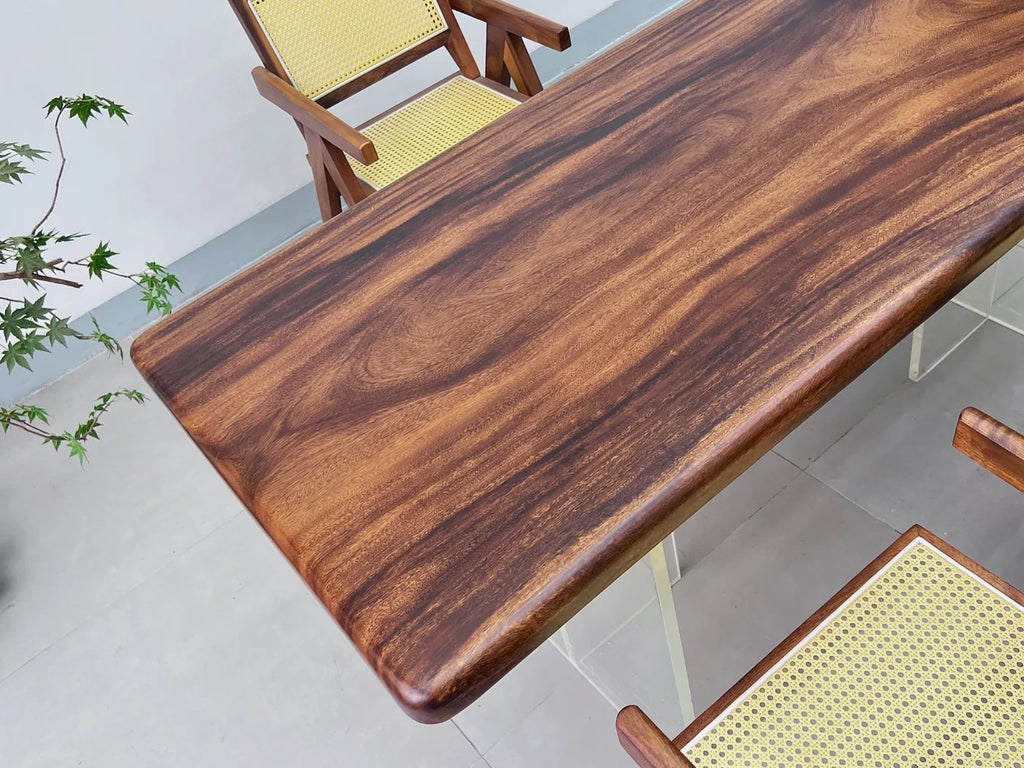 Luxury Pebble Live Edge Suar Wood Dining Table | Handcrafted South American Walnut Slab with Floating Acrylic Legs | Modern Executive Desk (170x75x6cm)
