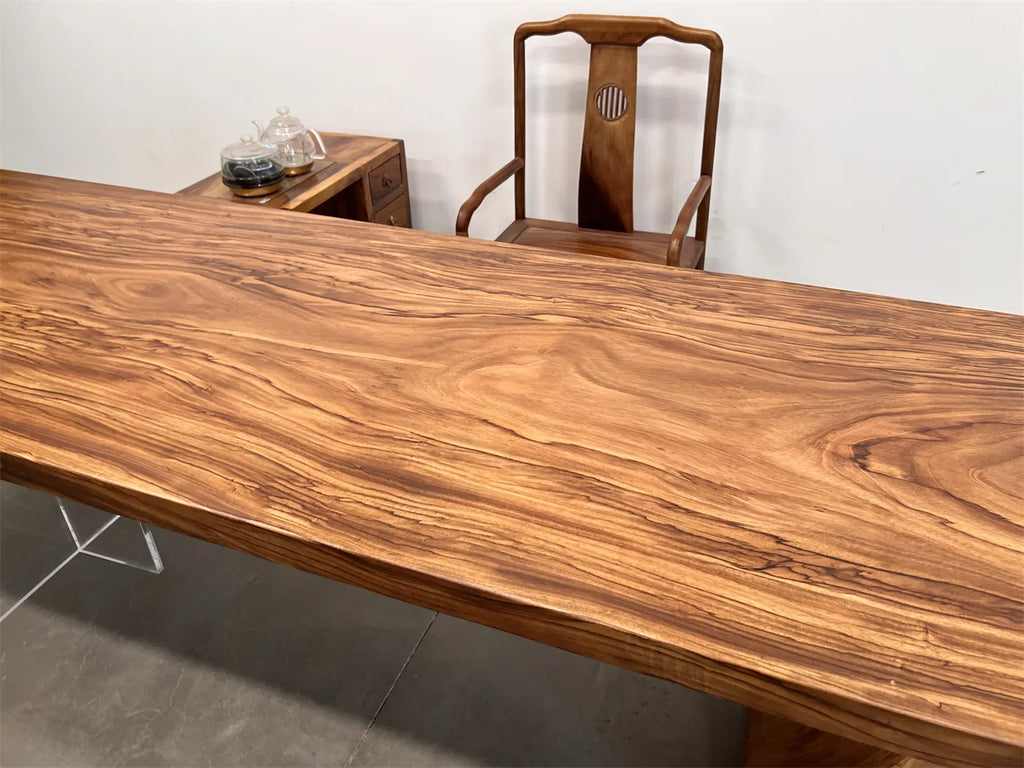 Premium Solid Wood Slab Table 313x88cm | Zebra Wood Large Dining Table, Meeting Desk & Tea Table