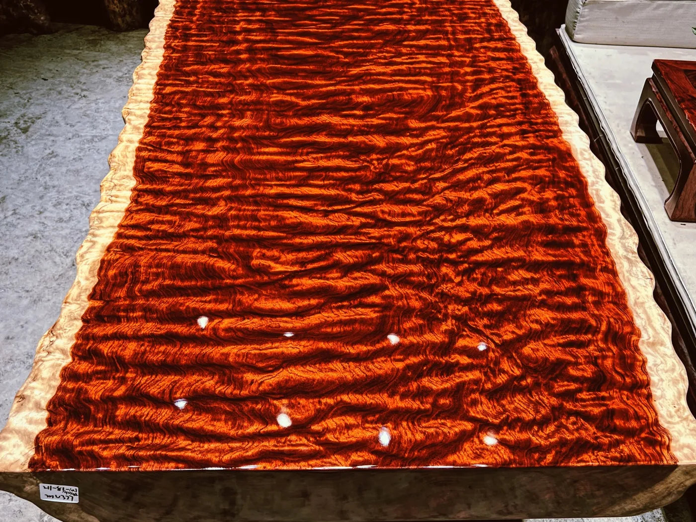 Luxury Figured Bubinga Live Edge Slab Tabletop - Rare Wave Grain Solid Wood (Top Only)