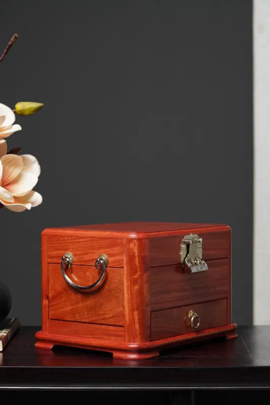 Myanmar Padauk Wood Jewelry Box – Handcrafted Dovetail Organizer with Rounded Corners