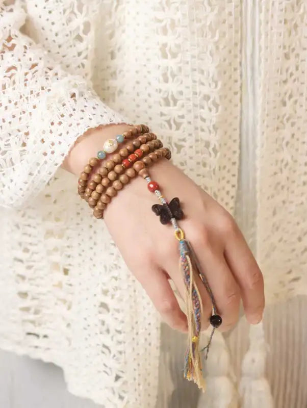 Old Mountain Sandalwood Mala Necklace | Agate, Jade & Pearl with Zitan Butterfly Pendant