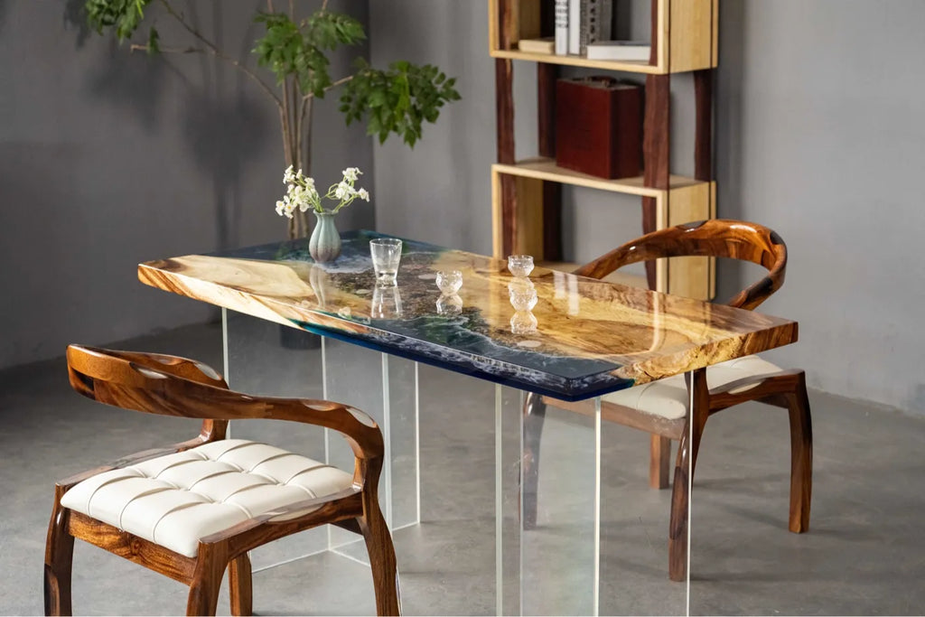 150cm Walnut Epoxy River Table | 3D Ocean Wave & Reef Resin Desk | 4-Seater Small Dining Table & Luxury Tea Table