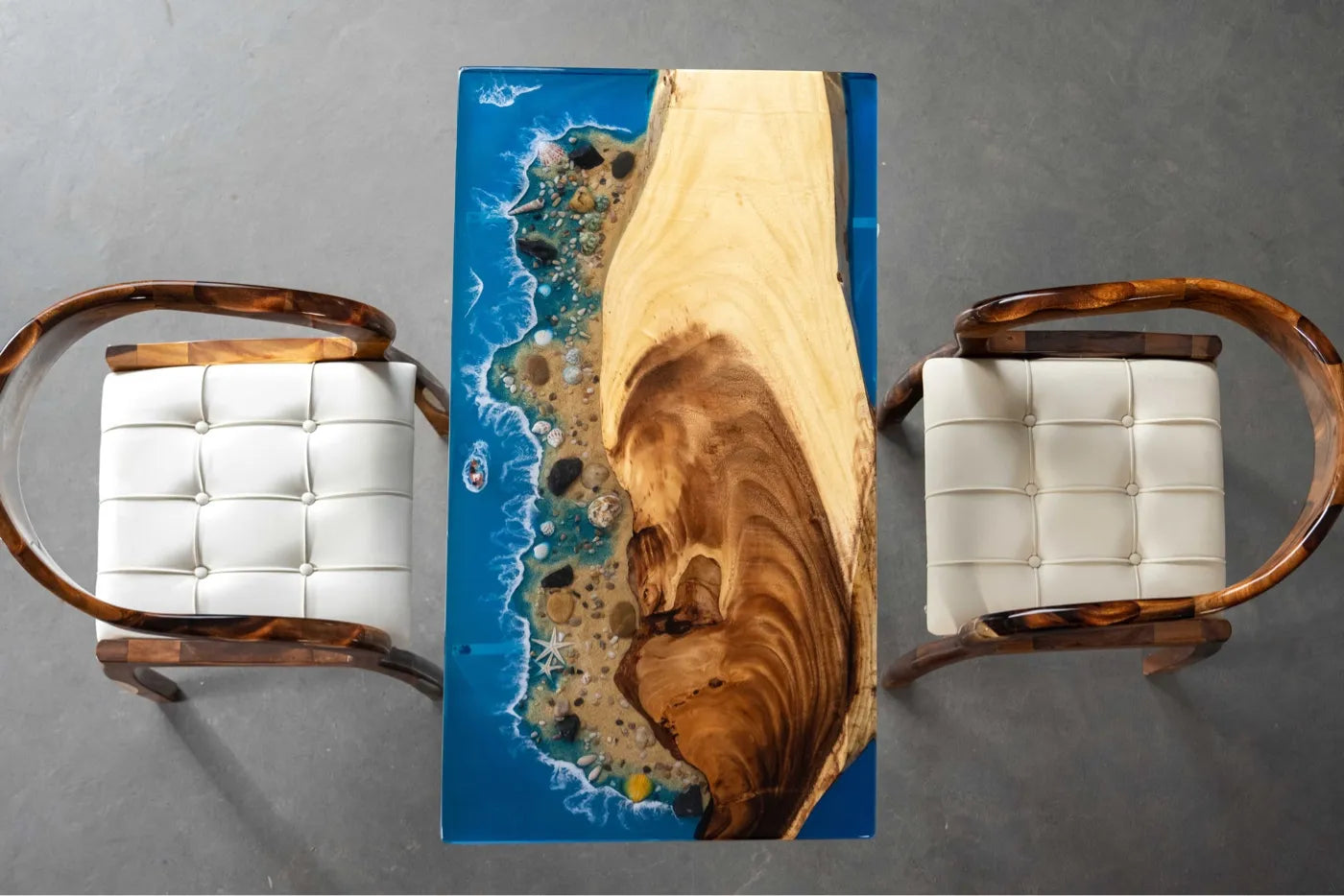 Luxury Walnut Wood & Ocean Beach Resin Coffee Table - 120cm Handcrafted Live Edge Epoxy Desk for Compact Living Room & Studio