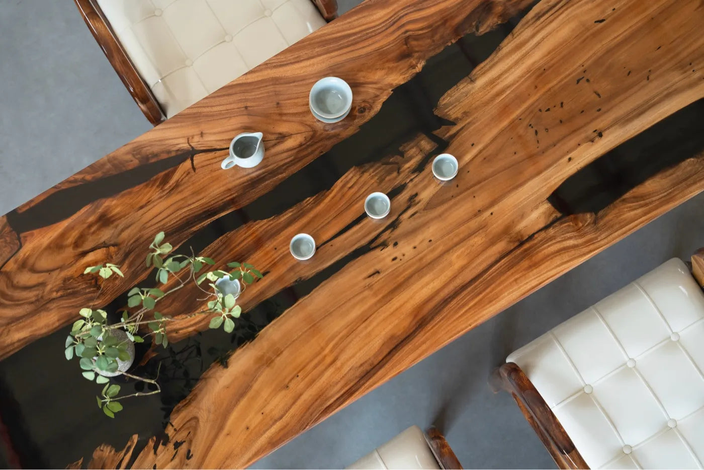 Artisan Walnut & Black Resin River Dining Table - 210cm Live Edge Solid Wood Conference Table