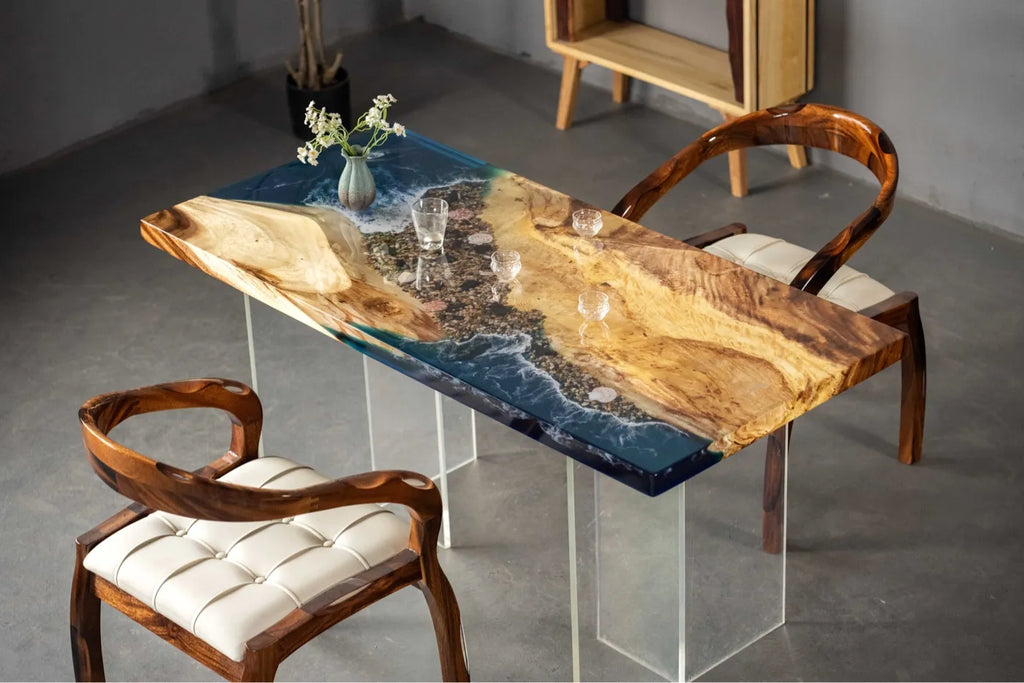 150cm Walnut Epoxy River Table | 3D Ocean Wave & Reef Resin Desk | 4-Seater Small Dining Table & Luxury Tea Table