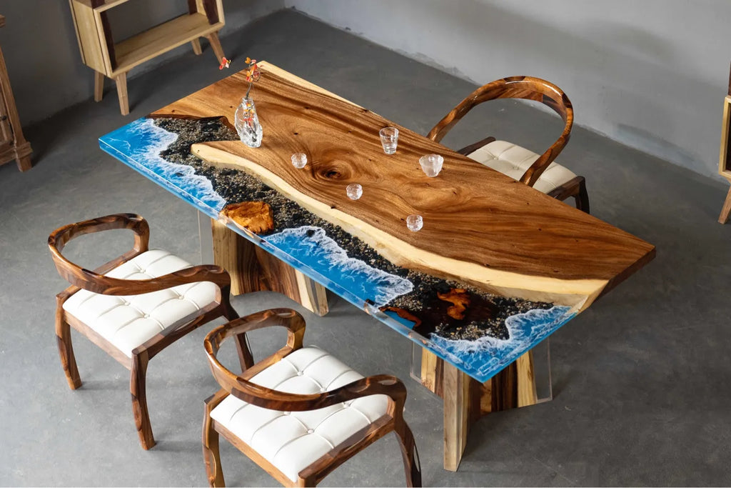 Premium South American Walnut Resin Ocean River Tabletop - Live Edge Wood Luxury Dining & Conference Table Slab (220x90x5cm)