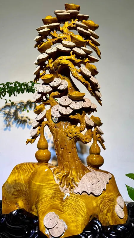 Hand-Carved Golden Silk Nanmu Fortune Tree — Large Luxury Prosperity Sculpture 54×28×82cm