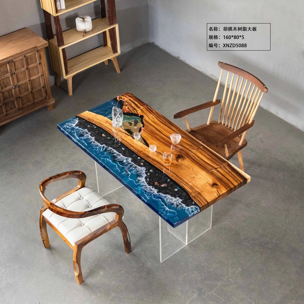 "Ocean Wave" River Tabletop: Solid Wood Slab Tea Table (Live-Edge Epoxy Resin Design) — Suitable for Dining or Coffee Tables
