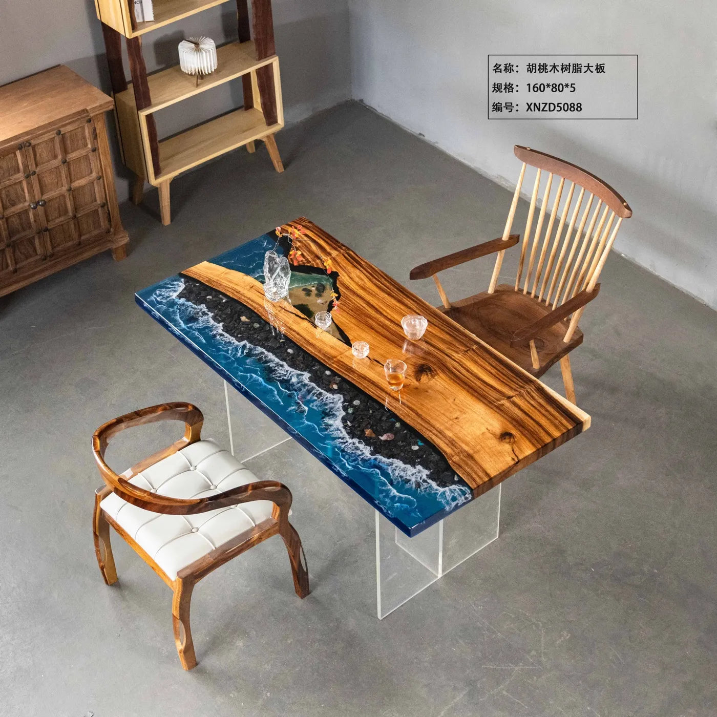 "Ocean Wave" River Tabletop: Solid Wood Slab Tea Table (Live-Edge Epoxy Resin Design) — Suitable for Dining or Coffee Tables