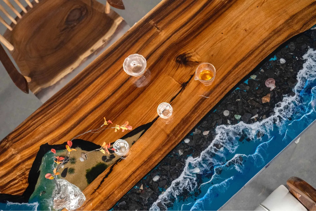 "Ocean Wave" River Tabletop: Solid Wood Slab Tea Table (Live-Edge Epoxy Resin Design) — Suitable for Dining or Coffee Tables