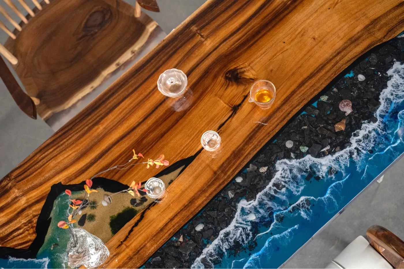 "Ocean Wave" River Tabletop: Solid Wood Slab Tea Table (Live-Edge Epoxy Resin Design) — Suitable for Dining or Coffee Tables