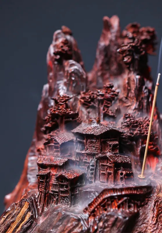 Hand-Carved Indian Pterocarpus Santalinus Coil Incense Burner — Mountain Village Scene