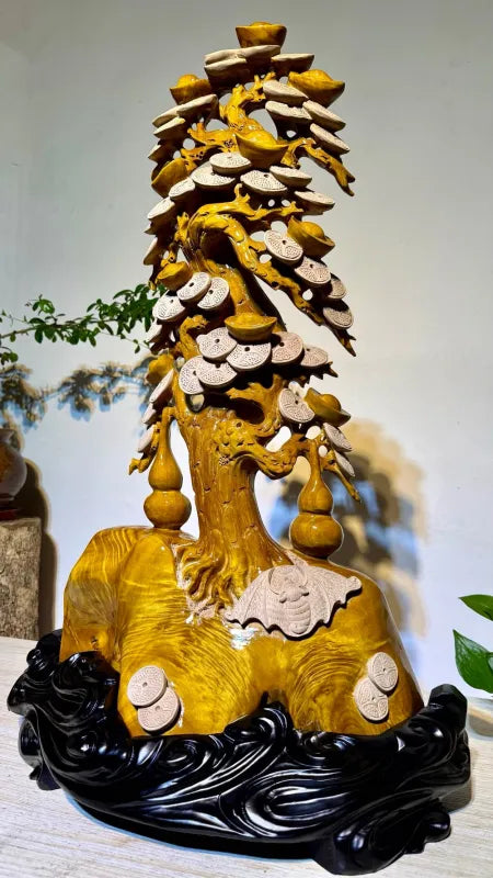 Hand-Carved Golden Silk Nanmu Fortune Tree — Large Luxury Prosperity Sculpture 54×28×82cm