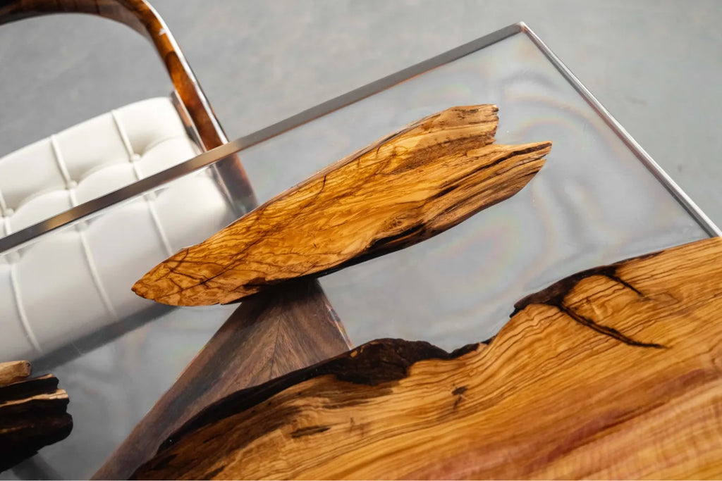 Olive Wood & Clear Resin Live Edge Dining Table - Luxury Epoxy Resin River Table