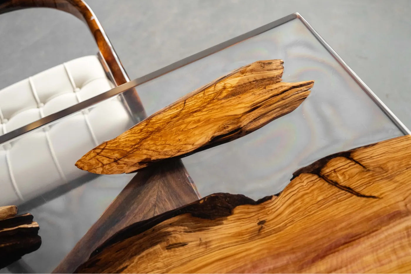 Olive Wood & Clear Resin Live Edge Dining Table - Luxury Epoxy Resin River Table