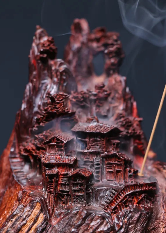 Hand-Carved Indian Pterocarpus Santalinus Coil Incense Burner — Mountain Village Scene