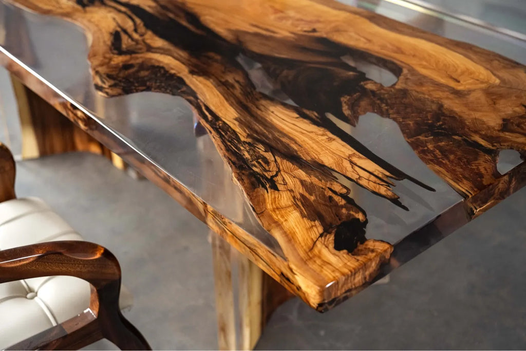Olive Wood & Clear Resin Live Edge Dining Table - Luxury Epoxy Resin River Table