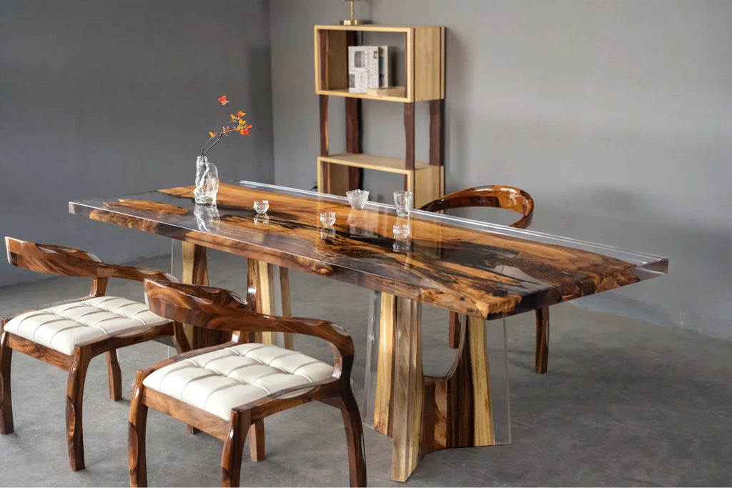 Olive Wood & Clear Resin Live Edge Dining Table - Luxury Epoxy Resin River Table