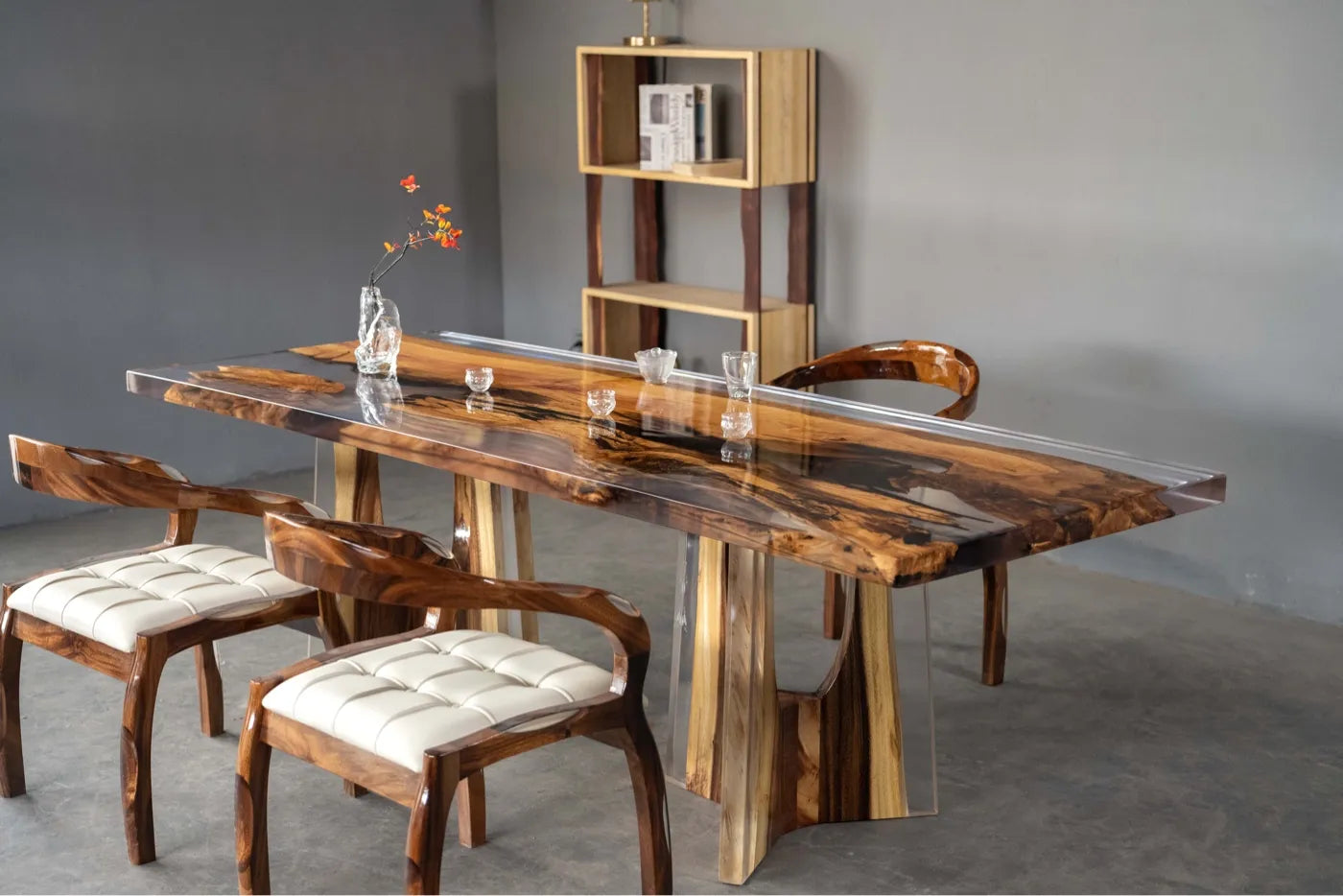 Olive Wood & Clear Resin Live Edge Dining Table - Luxury Epoxy Resin River Table