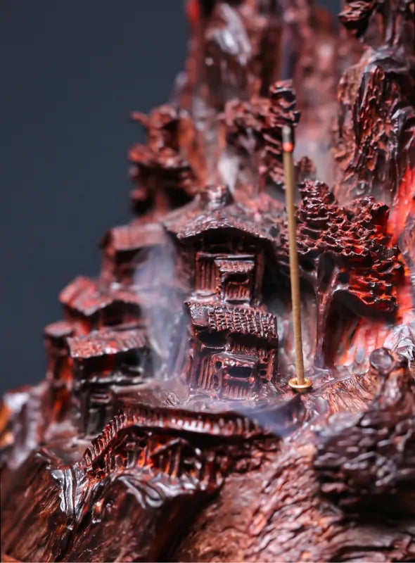 Hand-Carved Indian Pterocarpus Santalinus Coil Incense Burner — Mountain Village Scene