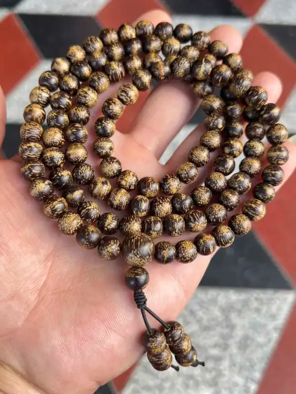 Hainan Huangqi Wild Agarwood Mala Bracelet | 108 Beads 8mm | Natural Oud Wood Prayer Beads | Free Shipping
