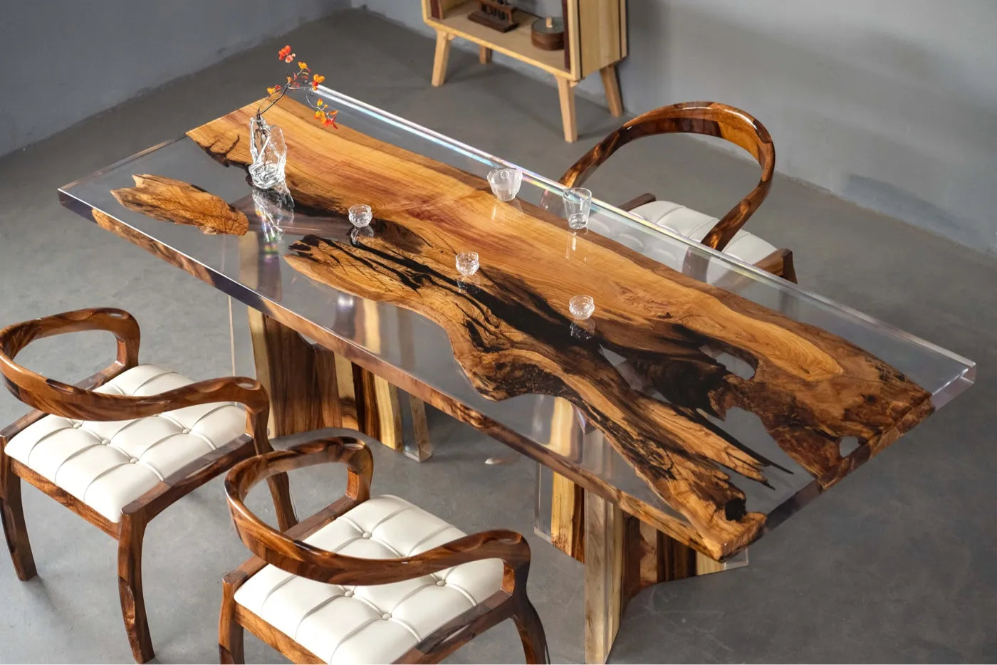 Olive Wood & Clear Resin Live Edge Dining Table - Luxury Epoxy Resin River Table