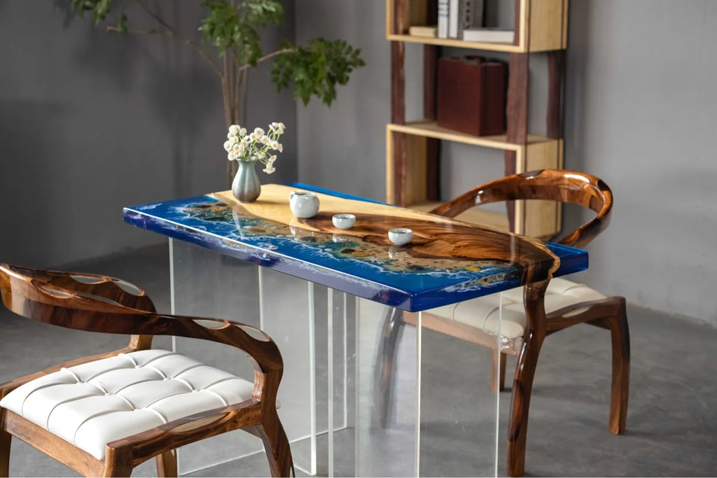 Luxury Walnut Wood & Ocean Beach Resin Coffee Table - 120cm Handcrafted Live Edge Epoxy Desk for Compact Living Room & Studio