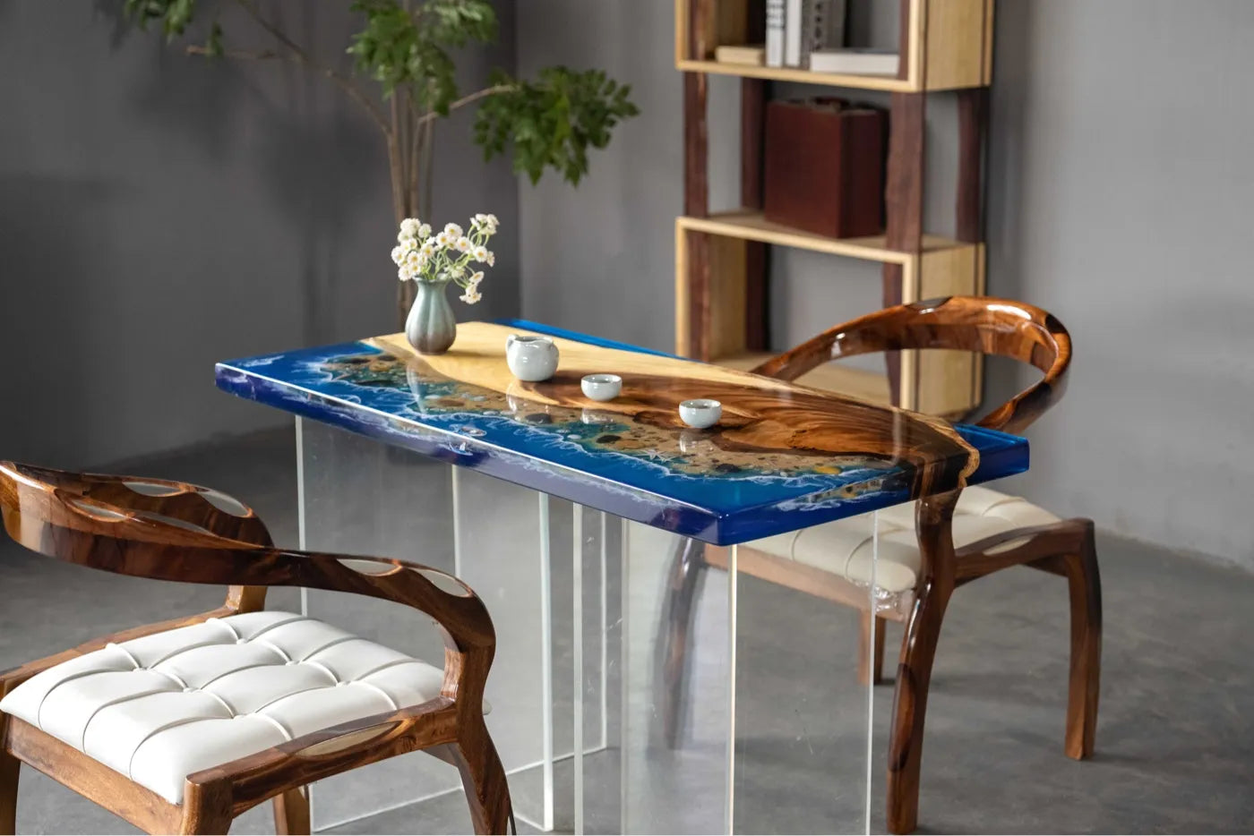 Luxury Walnut Wood & Ocean Beach Resin Coffee Table - 120cm Handcrafted Live Edge Epoxy Desk for Compact Living Room & Studio