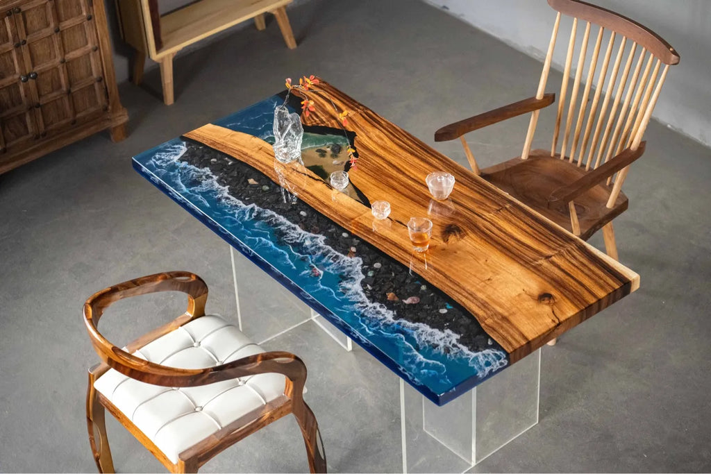 "Ocean Wave" River Tabletop: Solid Wood Slab Tea Table (Live-Edge Epoxy Resin Design) — Suitable for Dining or Coffee Tables