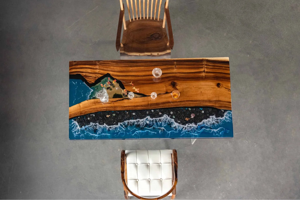 "Ocean Wave" River Tabletop: Solid Wood Slab Tea Table (Live-Edge Epoxy Resin Design) — Suitable for Dining or Coffee Tables
